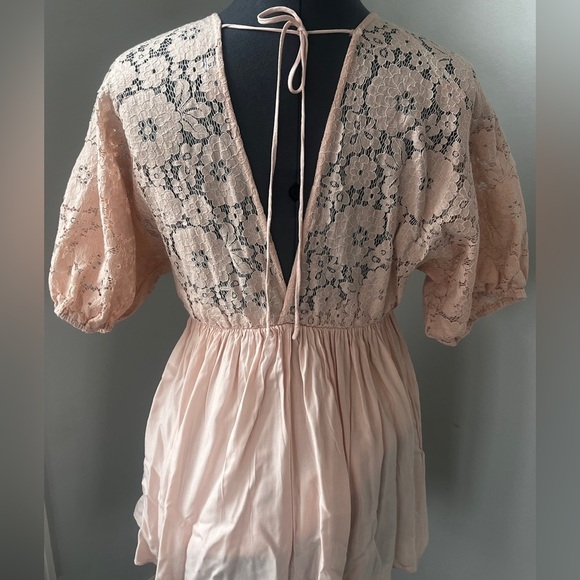 Aakaa Womens Juniors Sz A Mini Lace Boho Pale Pink  V-Neck Kaftan Mini Dress - Picture 5 of 16